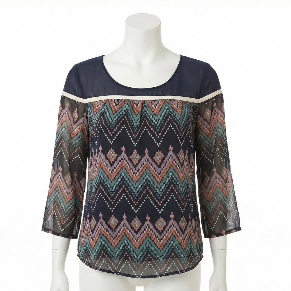Collective Concepts Navy Chevron Sheer Sleeve Blouse Top Large